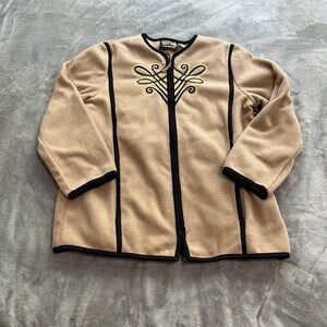 Bob Mackie Jacket Womens Medium Tan Black Fleece Wearable Art Embroidered Zip Up